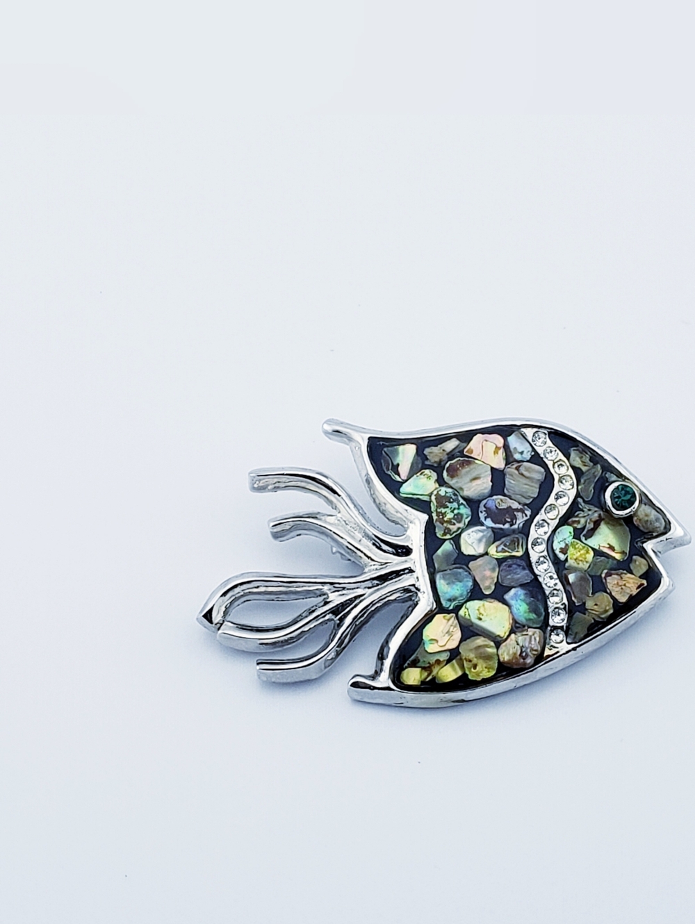 Silver Tone Pebbled Abalone Mosaic Fish Brooch - Multicolor
